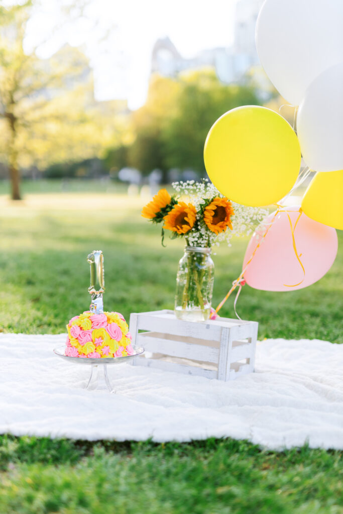 adorable first birthday smash cake set up for milestones photo session at Piedmont Park in Atlanta, Georgia