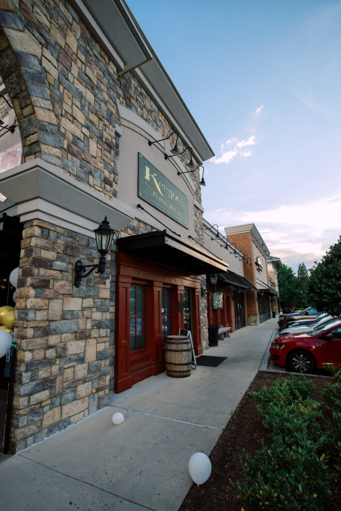 Keegan's Public House entrance with sunset sky behind in Kennesaw, Georgia