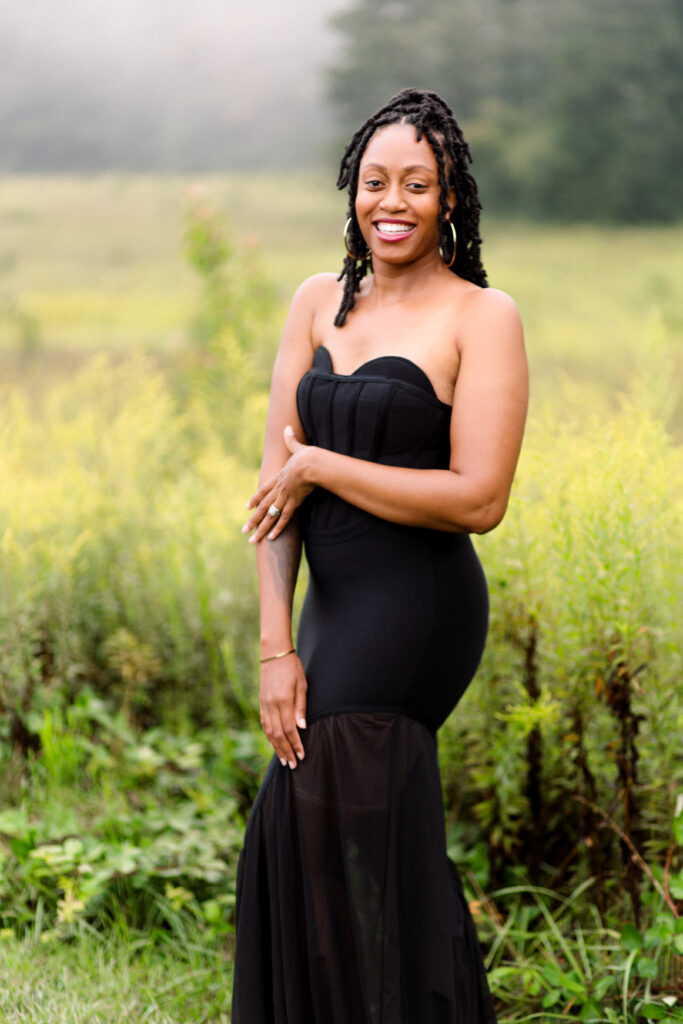 Self-love birthday session in a fog cloud among yellow flowers at Green Meadows Preserve in Marietta, Georgia