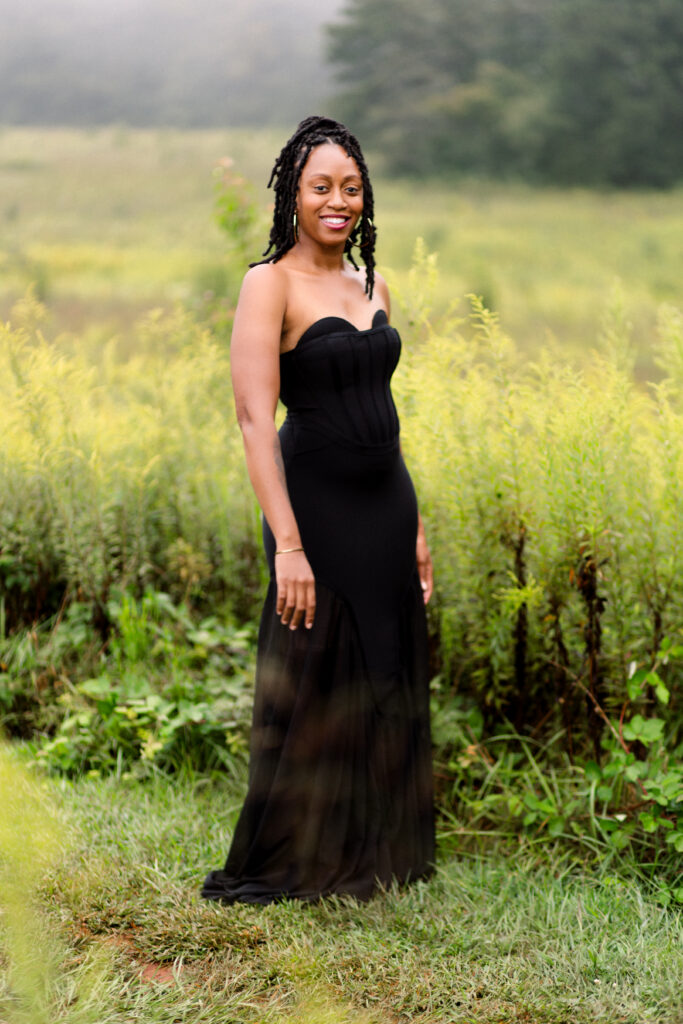 Self-love birthday session in a fog cloud among yellow flowers at Green Meadows Preserve in Marietta, Georgia