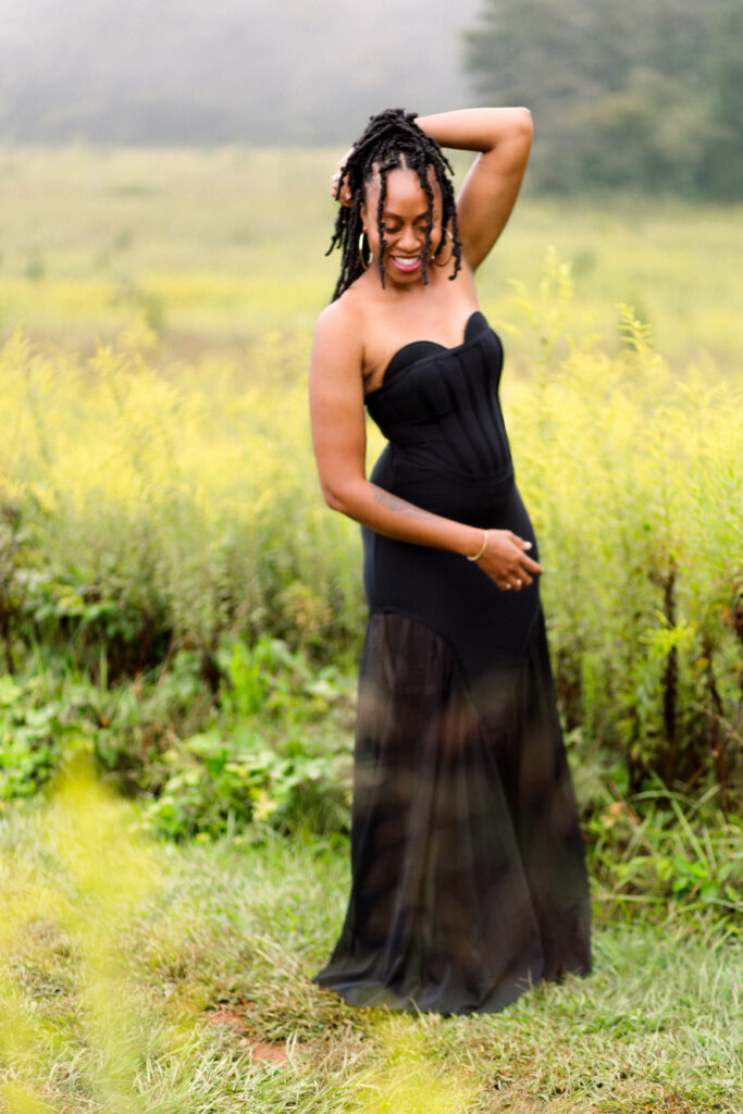 Self-love birthday session in a fog cloud among yellow flowers at Green Meadows Preserve in Marietta, Georgia