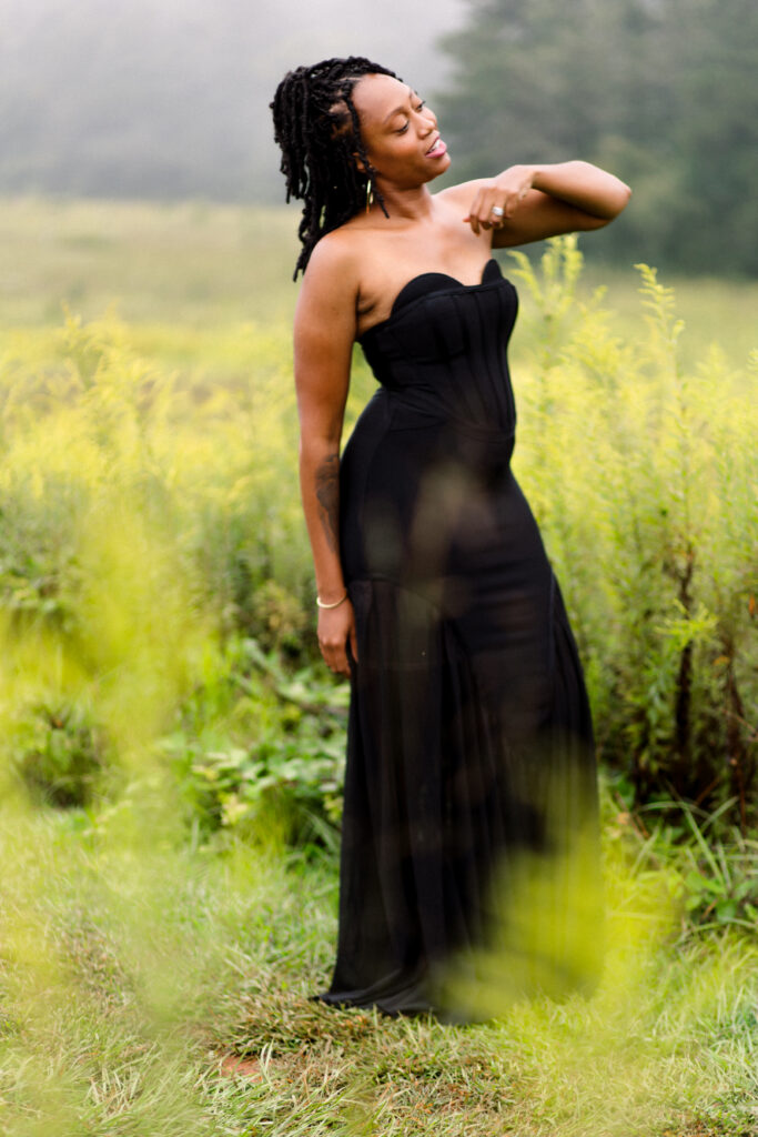 Self-love birthday session in a fog cloud among yellow flowers at Green Meadows Preserve in Marietta, Georgia