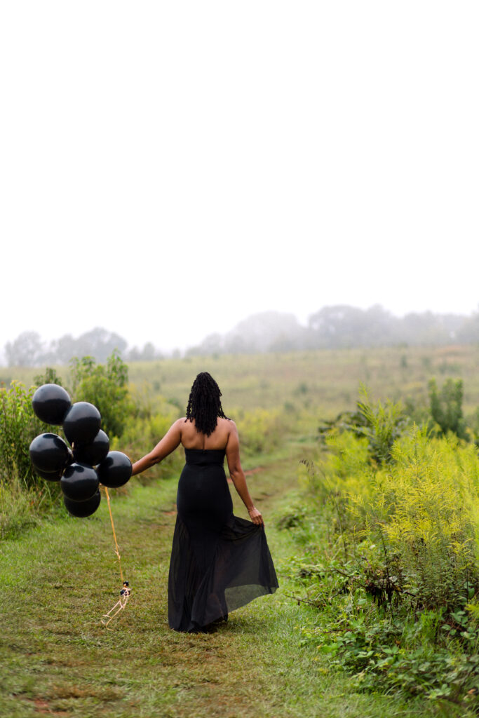 Self-love birthday session in a fog cloud among yellow flowers at Green Meadows Preserve in Marietta, Georgia