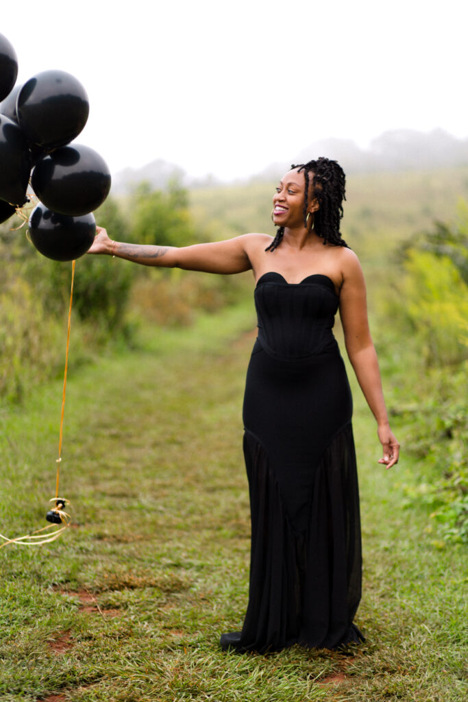 Self-love birthday session in a fog cloud among yellow flowers at Green Meadows Preserve in Marietta, Georgia