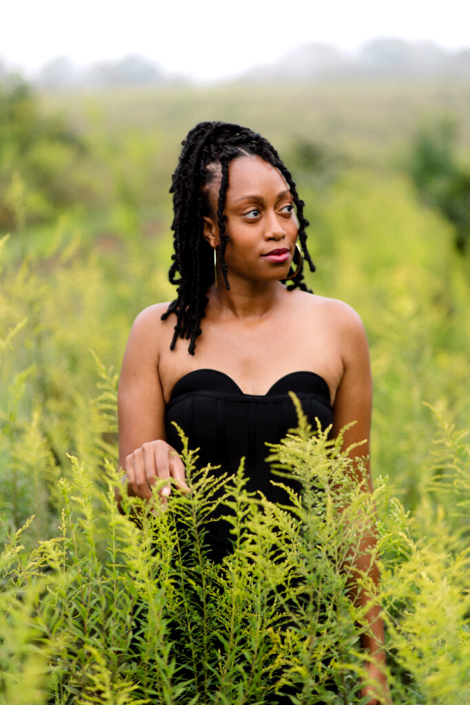 Self-love birthday session in a fog cloud among yellow flowers at Green Meadows Preserve in Marietta, Georgia