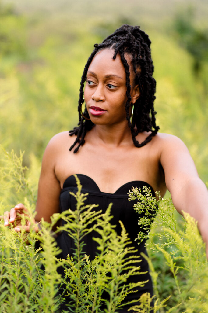 Self-love birthday session in a fog cloud among yellow flowers at Green Meadows Preserve in Marietta, Georgia