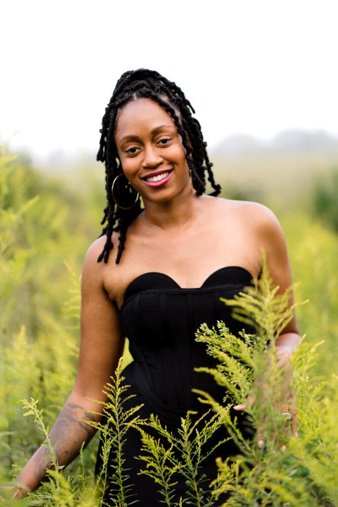 Self-love birthday session in a fog cloud among yellow flowers at Green Meadows Preserve in Marietta, Georgia