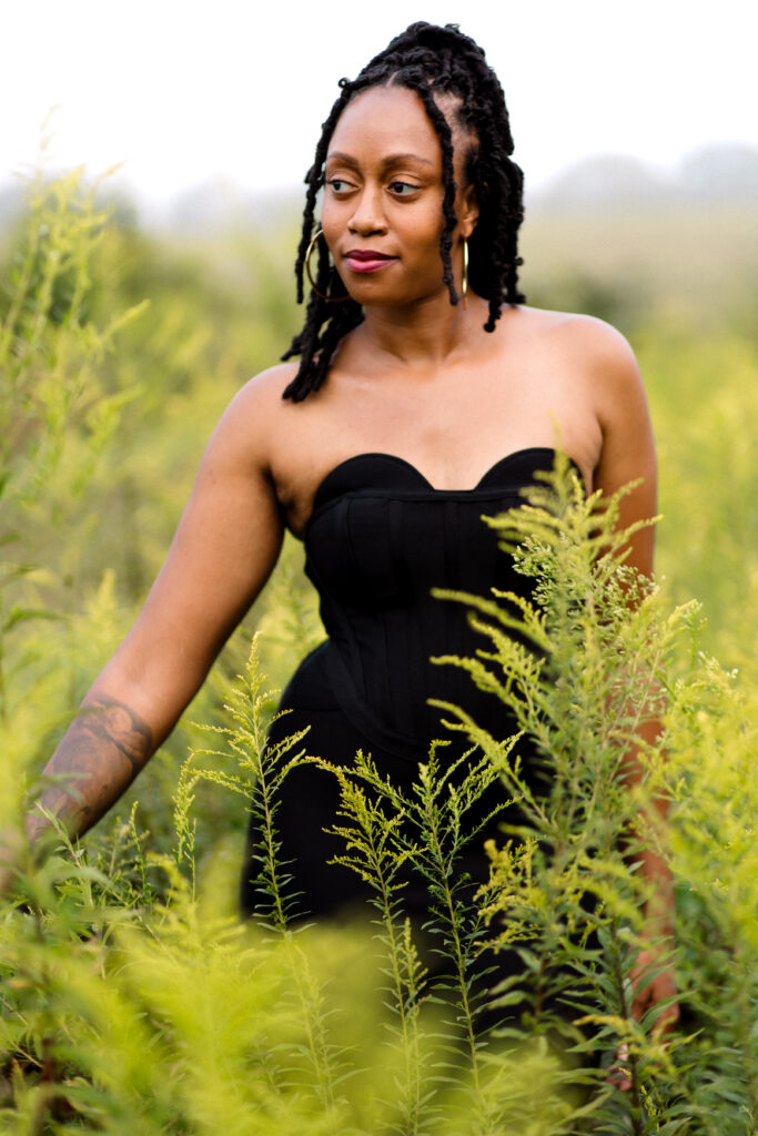 Self-love birthday session in a fog cloud among yellow flowers at Green Meadows Preserve in Marietta, Georgia