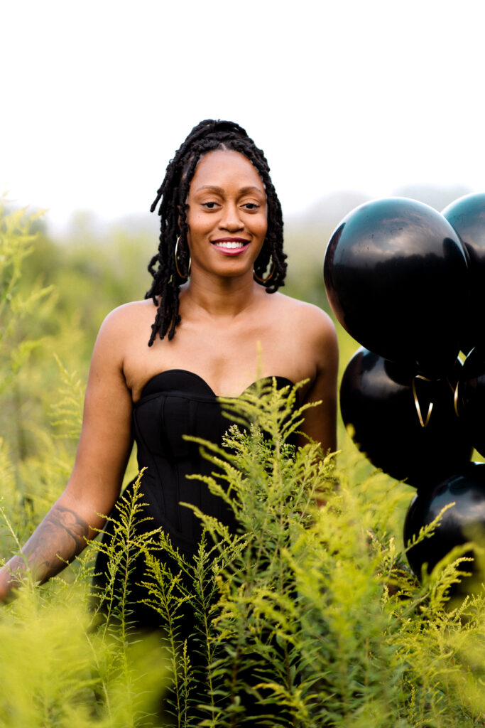 Self-love birthday session in a fog cloud among yellow flowers at Green Meadows Preserve in Marietta, Georgia