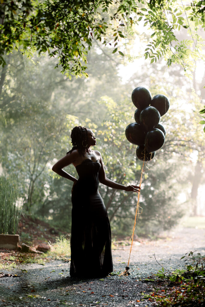 Self-love birthday session in a fog cloud among yellow flowers at Green Meadows Preserve in Marietta, Georgia