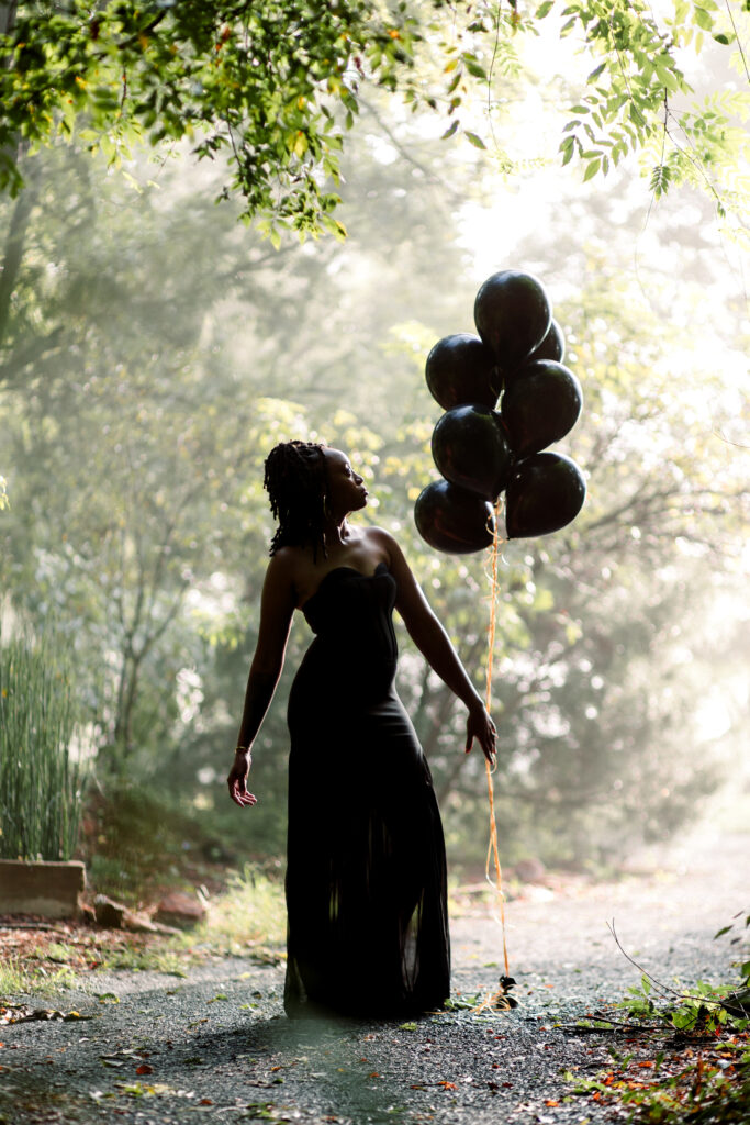 Self-love birthday session in a fog cloud among yellow flowers at Green Meadows Preserve in Marietta, Georgia